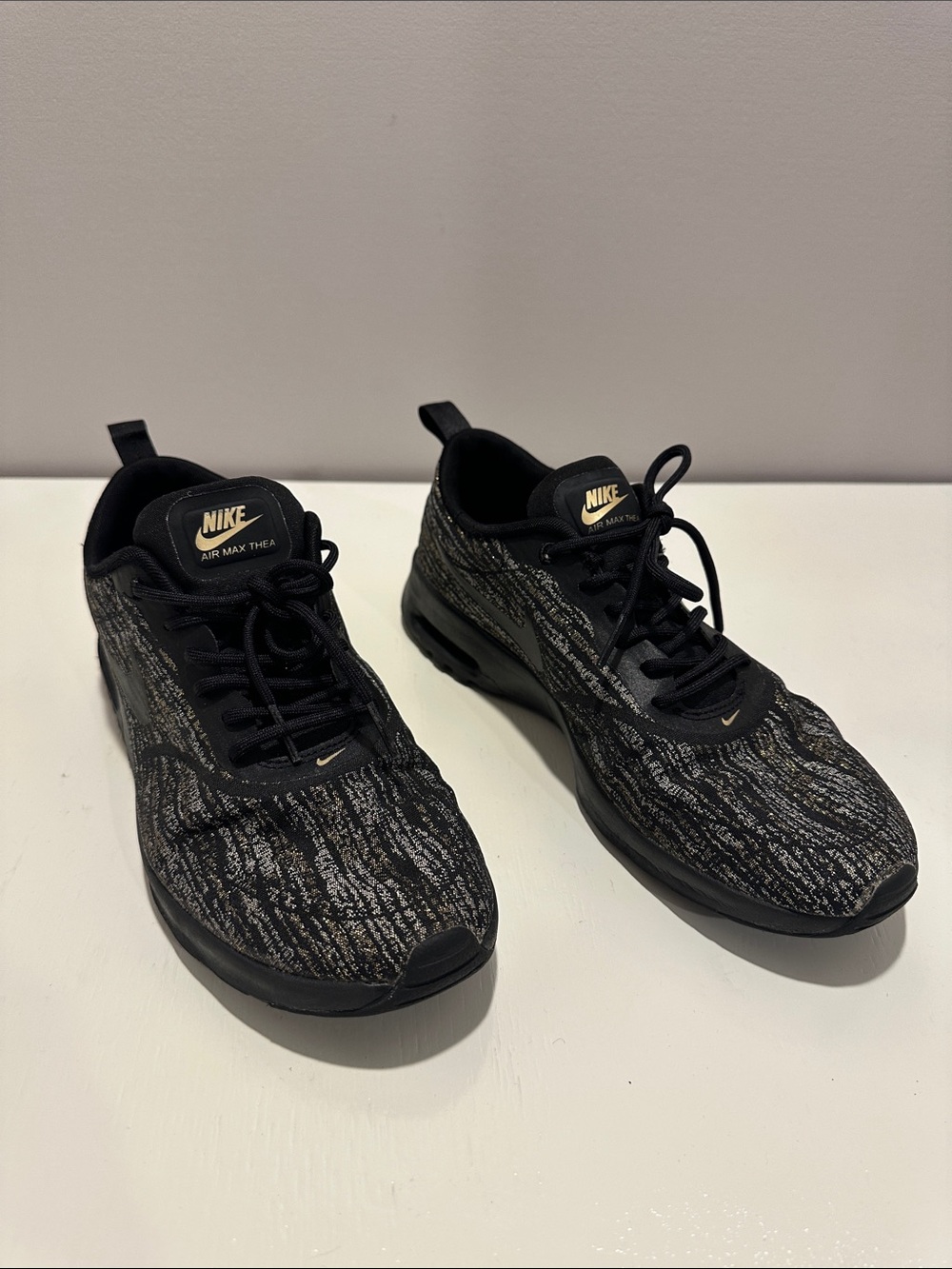 Nike Air Max Thea women Black and Grey Knit Sneakers with Gold Accents